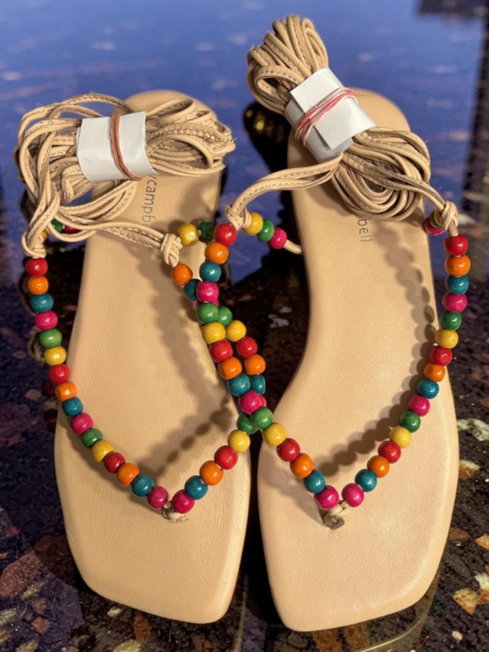 Jeffrey Campbell Xeniah Beaded Lace-Up Sandals - Beige with Multicolor Beads
